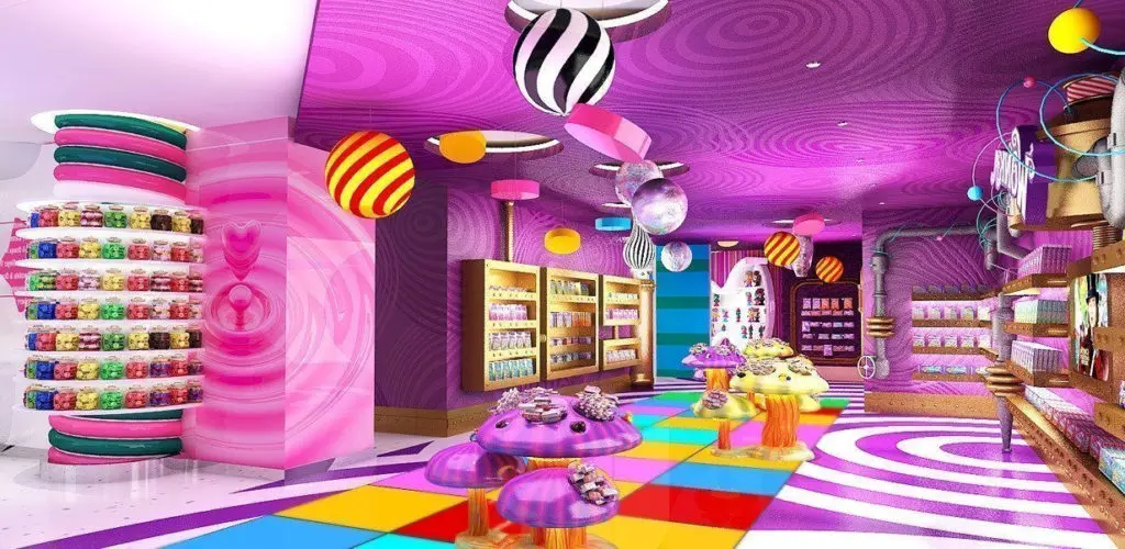 Tienda de gominolas decorada con motivos de caramelo
